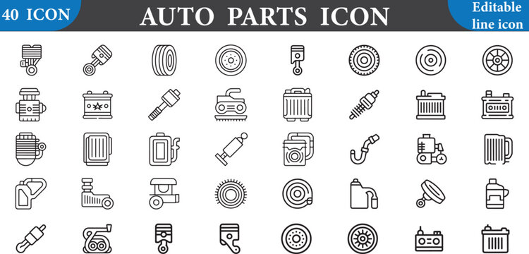 Auto parts icon set with various car components isolated on white background