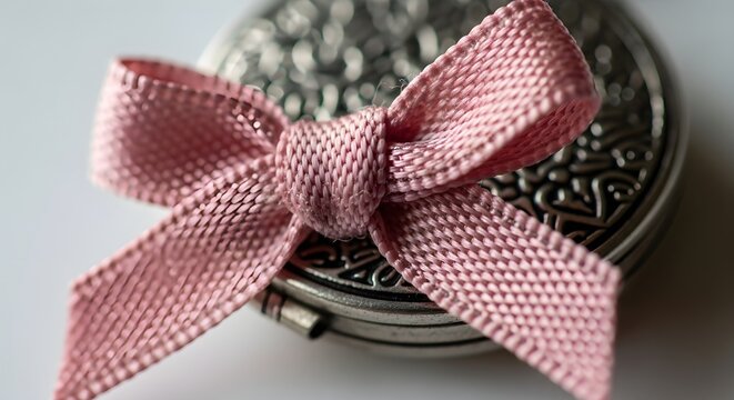 Close up of pink ribbon bow and ornate silver container - Powered by Adobe