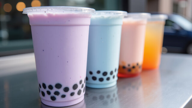 Colorful bubble tea drinks lined up clear cups, showcasing various flavors and textures. vibrant colors and tapioca pearls create inviting