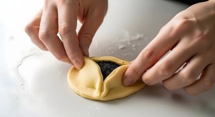 Hands carefully shaping dough for a sweet poppy seed pastry, a delightful homemade treat.