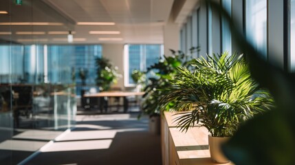 Fototapeta premium Modern Bright Office Interior with Green Plants. Blurry office space. Modern workspace design. Glass walls, blurred furniture, plants. Natural light, commercial building, business concept, indoor.