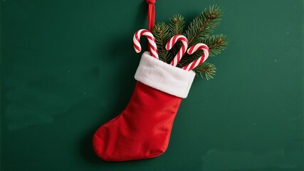 Festive red Christmas stocking filled with candy canes and pine, holiday magic awaits