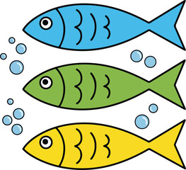 Three colorful fish swimming in the water with bubbles around them a simple illustration.