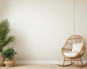 Stylish wooden bedroom featuring a hanging cradle, a modern rocking chair, and warm, natural decor accents