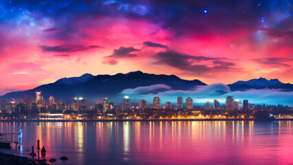Fototapeta premium Vibrant Sunset Over Vancouver Skyline With Mountains in the Background Reflecting in the Water