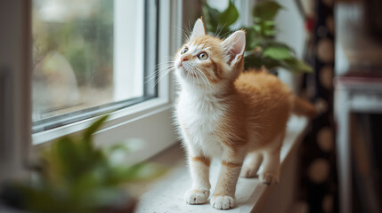 Ginger kitten curiously gazing out window at home