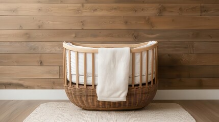 Rustic wooden bedroom with a natural bassinet, cozy blankets, and calming neutral tones for a babyfriendly design