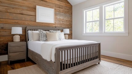 Elegant rustic bedroom with reclaimed wood furniture, a compact baby bed, and soft neutral colors for a cozy space