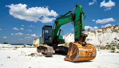 Green excavator on a white quarry under a blue, cloudy sky, earth mover with weathered bucket