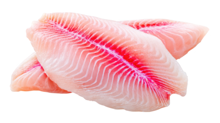 Raw fish piece rests on stark black surface delicate fish slice displayed against deep black backdrop