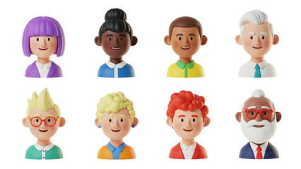 Diverse group of 3D rendered cartoon people with different hairstyles, skin tones, and clothing, isolated on a white background.