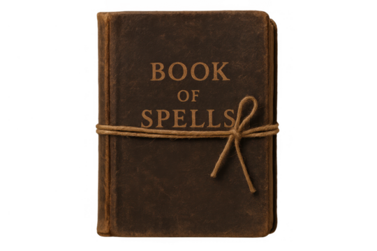 Old mysterious book of spells, dark magic grimoire tied with string, ancient occult knowledge concept on transparent background