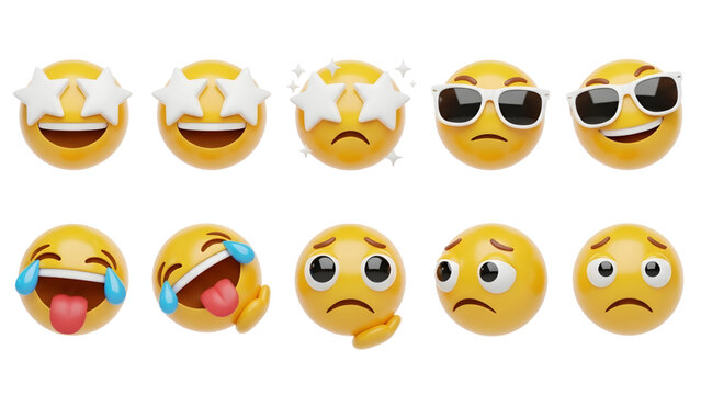 A set of 3D emoji icons with various expressions and emotions.