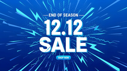 Vibrant blue background with radiating light streaks highlighting an 'END OF SEASON 12.12 SALE' promotion with a 'SHOP NOW' button.