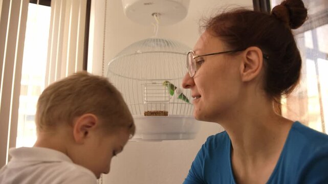 Mother and son watching green budgie in cage
