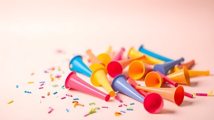 noisemakers. Colorful party horns on a soft pastel background, evoking festive joy and celebration. event programs, museum guides, designed for cultural heritage projects and event programs.