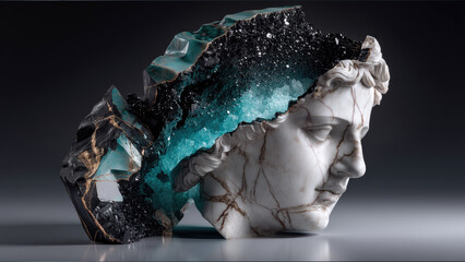 Broken Marble Bust with Mineral Geode and Gold Veins. Generative AI
