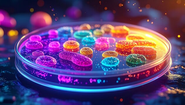 Glowing Petri dish contains brightly colored, abstract organic shapes on dark speckled ground, lit with neon - Powered by Adobe