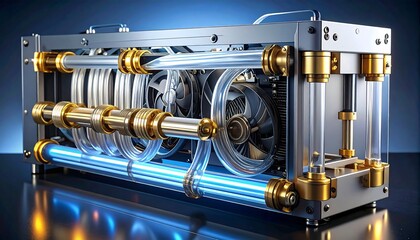 Ornate cooling system featuring gold fittings and glowing blue tubes with visible fans in a metal frame