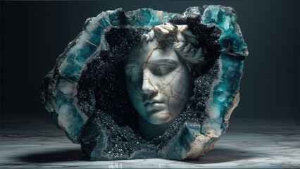 Broken Marble Bust with Mineral Geode and Gold Veins. Generative AI