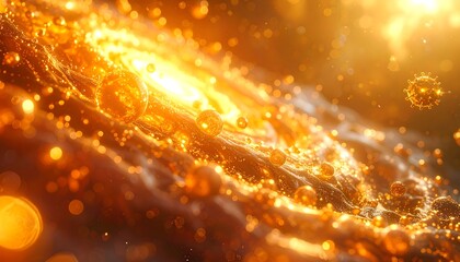 Glowing orange spheres swirl around a bright core with ethereal light and bokeh effects