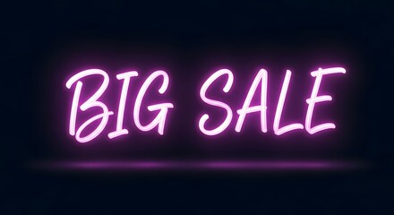 Vibrant glowing purple neon text display saying 'Big Sale' on a dark background, ideal for announcing special offers, limited-time deals, and promotional events