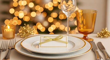 Elegant holiday table setting with a blank place card set for a festive Thanksgiving or Christmas dinner party amid golden bokeh lights