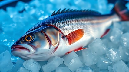 seabass. Fresh sea bass on ice, its glistening scales captured in cool, crisp detail. menu design, packaging mockups, designed for food delivery and cloud-kitchen brand materials.