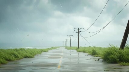 Empty coastal road with leaning power poles during strong winds and stormy weather