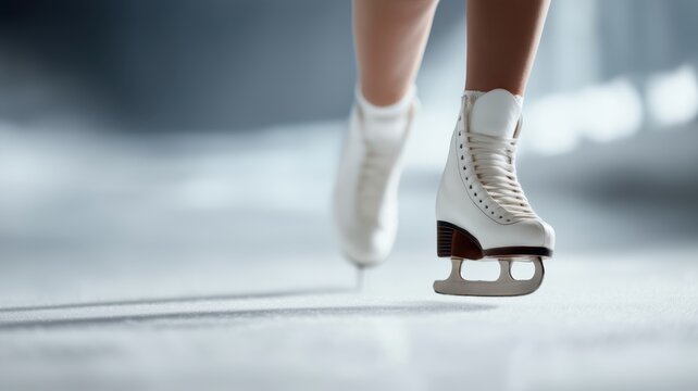 Close up woman legs skating in a white figure skates on a outdoor ice rink
