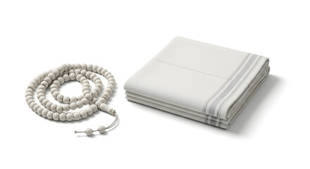 Prayer beads and folded fabric, symbols of faith and purity on a clean white background