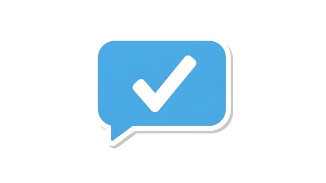Approved message symbol with a blue chat bubble and white checkmark inside, representing task completion, verification, and successful communication
