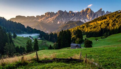 Green hillside leads to jagged mountain range under a hazy sky during sunrise