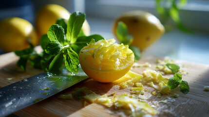 Kitchen sink lemon peels and mint stems, cutting board mess, homemade remedy aftermath, bright natural light, with copy space