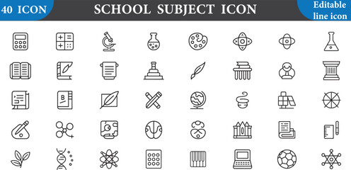 School subject icon set with various educational symbols isolated on white background