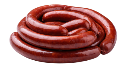 Large sausage rests on neutral background close up view of large cooked sausage - close up view of large cooked sausage