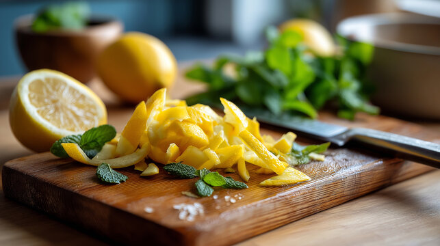 Kitchen sink lemon peels and mint stems, cutting board mess, homemade remedy aftermath, bright natural light, with copy space - Powered by Adobe