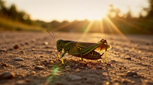 A grasshopper is perched on the dirt road, basking in the warm light of the setting sun. This grasshopper scene reveals the intricate details of nature in a peaceful evening settin