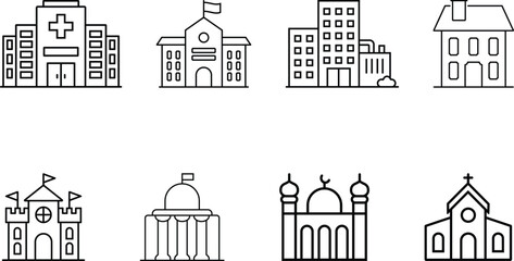 Minimalist Architectural Building Icons – Black Line Style Collection