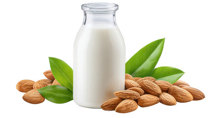 Nutritious almond milk accompanied by fresh whole almonds creamy plant based drink alongside natural unpeeled almonds