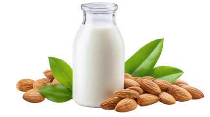 Nutritious almond milk accompanied by fresh whole almonds creamy plant based drink alongside natural unpeeled almonds