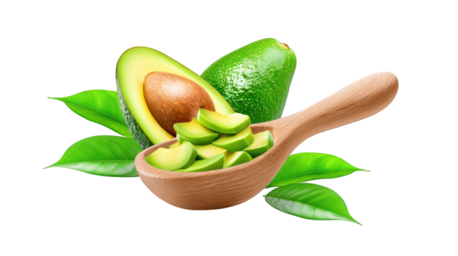 Ripe green avocados with wooden spoon healthy green avocados and wooden utensil pictured