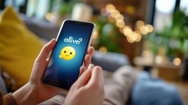 Friend texting “alive?” on phone screen, tired thumb replying emoji, humor connection, sofa scene, with copy space
