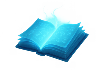 Open spellbook glowing with blue light, ancient magic book, fantasy lore, mystical knowledge, transparent background for witchcraft concepts