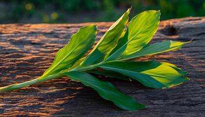Green leafy plant lying across dark, weathered wood with golden sunlight illuminating edges