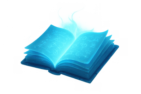 Open spellbook glowing with blue light, ancient magic book, fantasy lore, mystical knowledge, transparent background for witchcraft concepts - Powered by Adobe