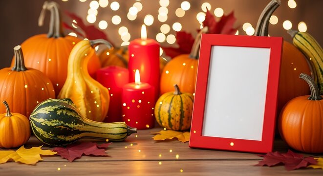 Autumnal Thanksgiving Display Pumpkins, Candles, and Red Frame with Golden Bokeh Lights