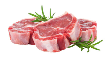 Fresh raw meat cuts with vibrant green leafy garnish various cuts of raw meat accompanied by fresh green foliage