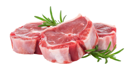 Fresh raw meat cuts with vibrant green leafy garnish various cuts of raw meat accompanied by fresh green foliage