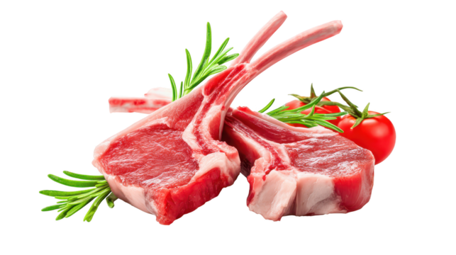 Grilled meat pieces served with tomato and green garnish close up shows two meat portions garnished with tomato green spice